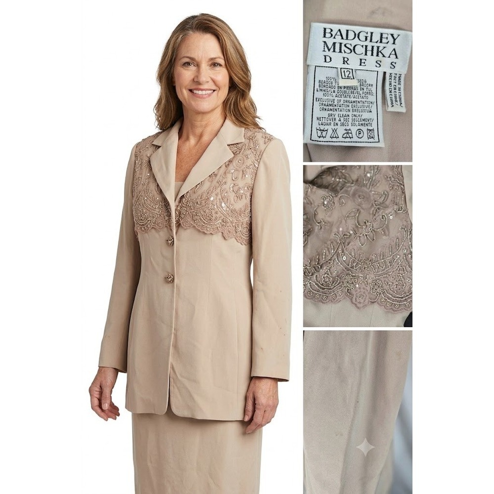 Badgley Mischka Womens 12 Beige Embellished Silk Skirt Suit Jacket Skirt‎ Set